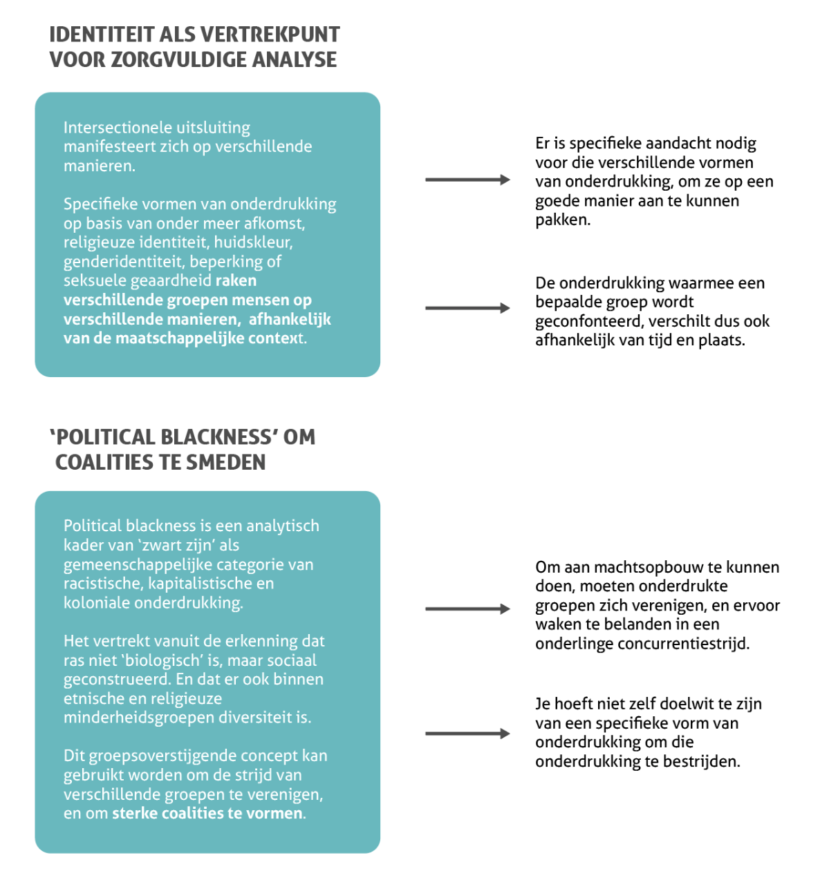 Afbeelding met een schematische weergave van de uitleg over 'identiteit als vertrekpunt voor zorgvuldige analyse', en 'political blackness om coalities te smeden'